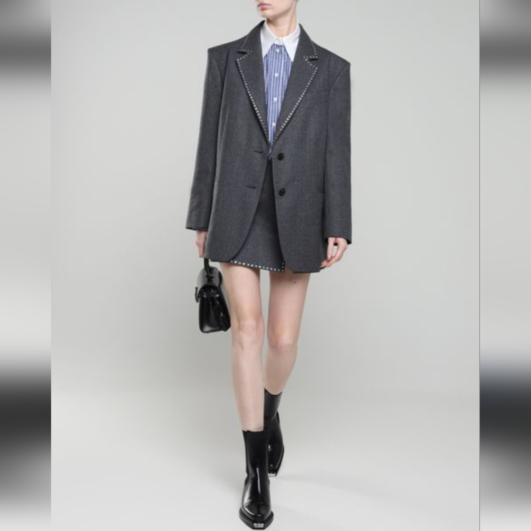 Sandro Sade Rhinestone Trim Wool Blazer Dark Grey Size Med 40 European Oversized